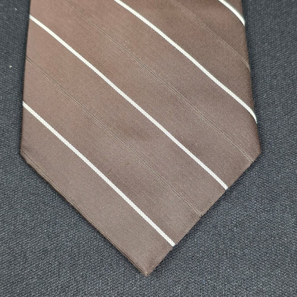 7TH AVE Men's Tie Brown White Striped Polyester Silk Blend